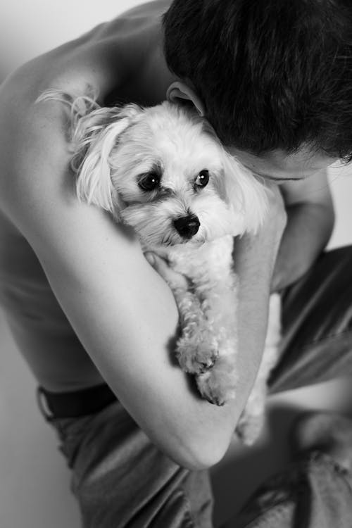 A Shirtless Man Hugging a Dog 