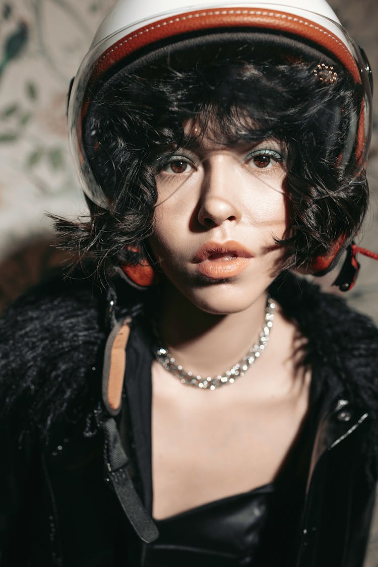 Woman In A Vintage Safety Helmet