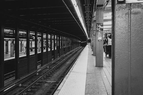 Grayscale Photo of Train Station