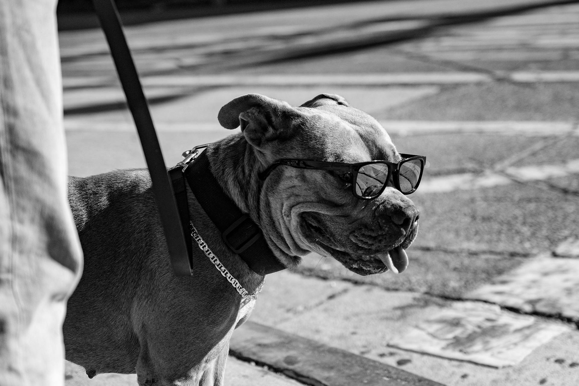 Een pitbull met zonnebril