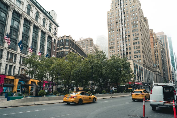 Yellow Taxis On City Street