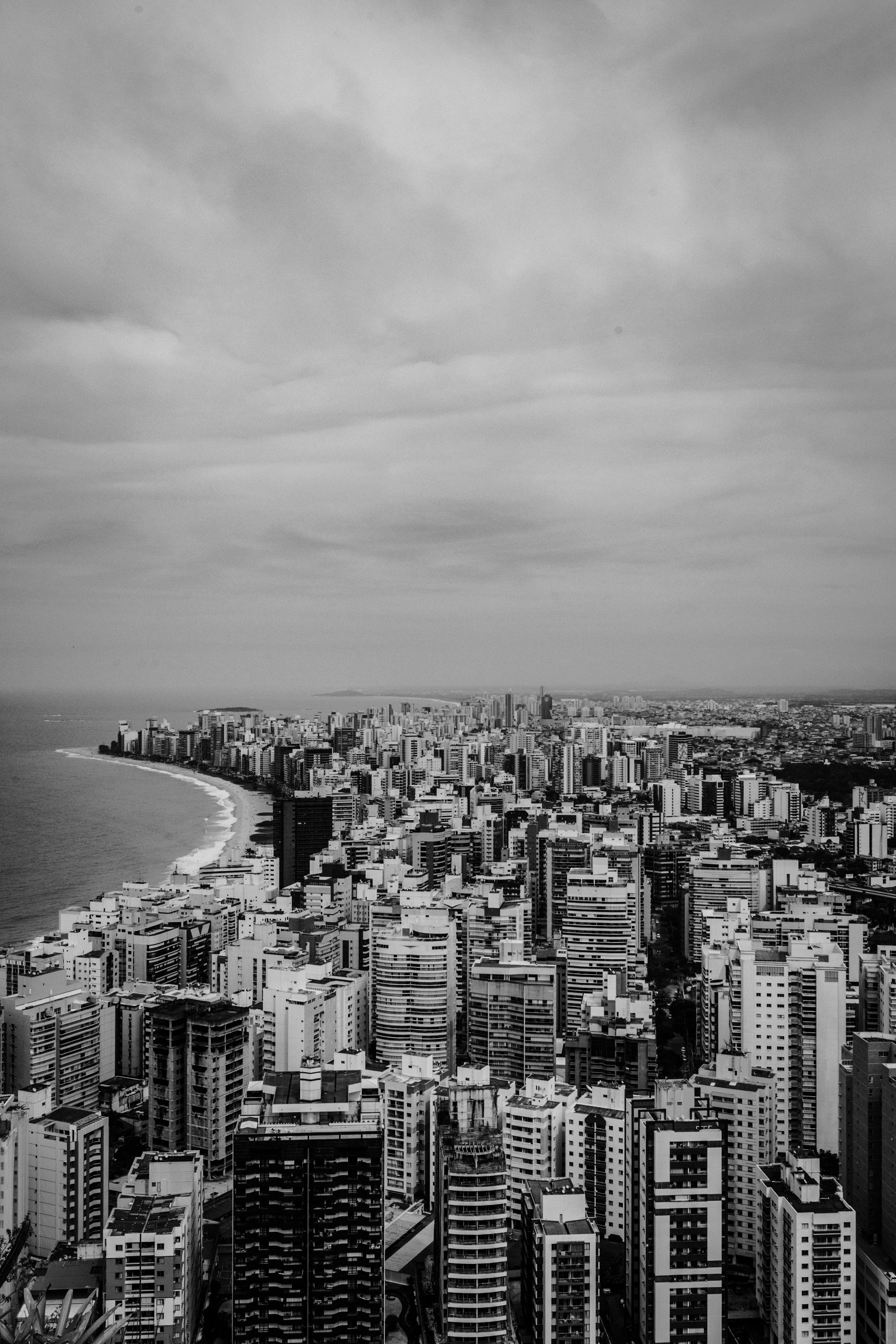 Grayscale urban cityscape with skyscrapers and beach, viewed from above.
