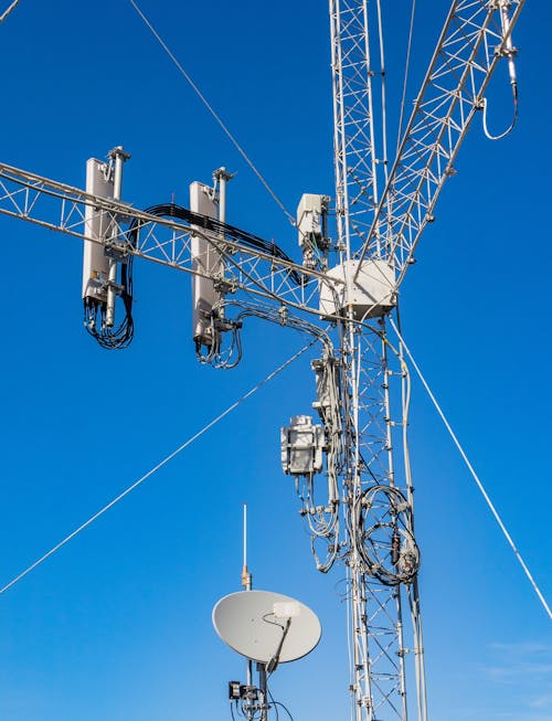 Close-up of a Tall Broadcast Tower against Clear, Blue Sky 