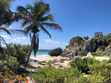 Plage de Tulum avec ruines mayas en bord de mer Caraïbes