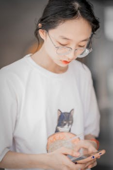 Asian woman wearing glasses focused on her smartphone indoors.