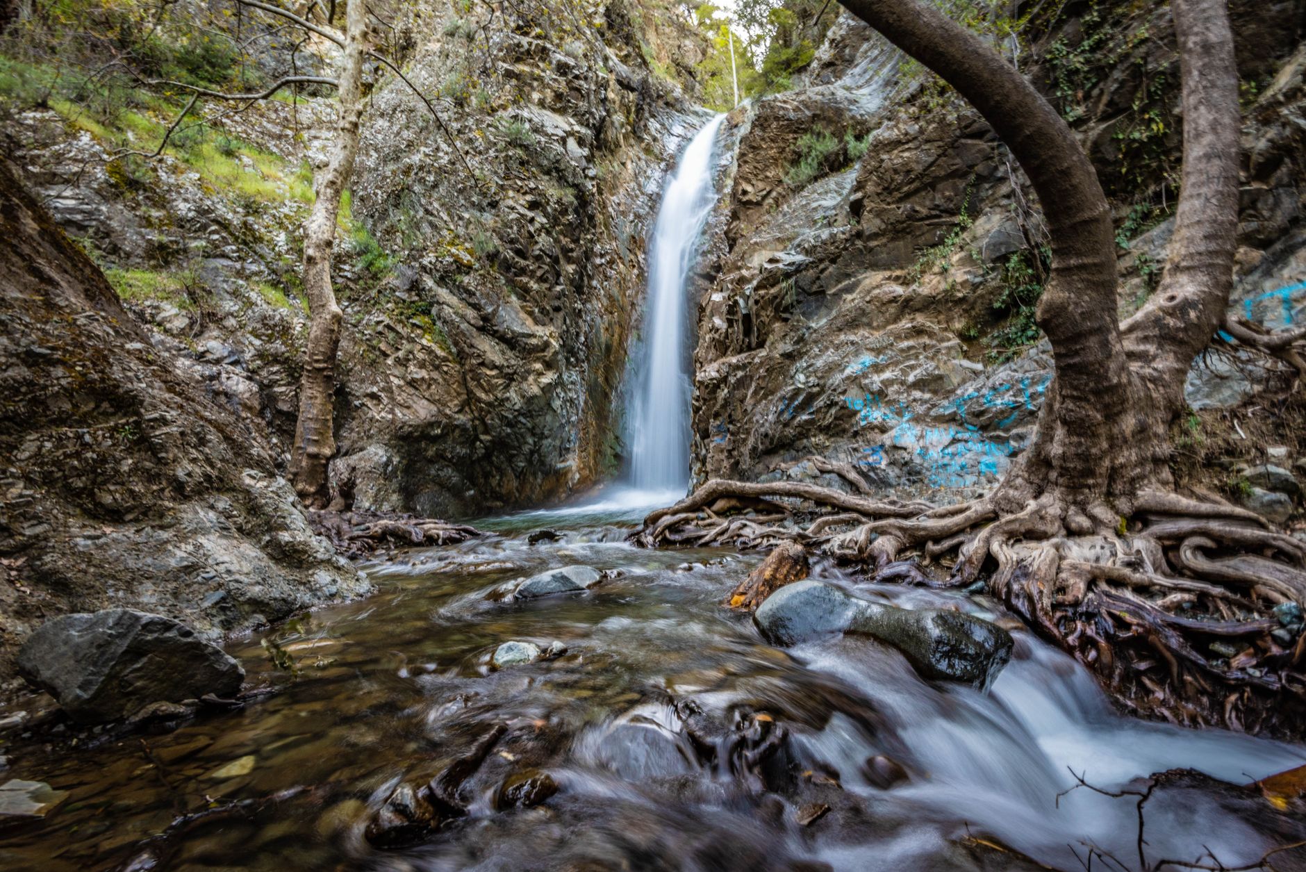 A waterfall cascading through rocky roots in Cyprus