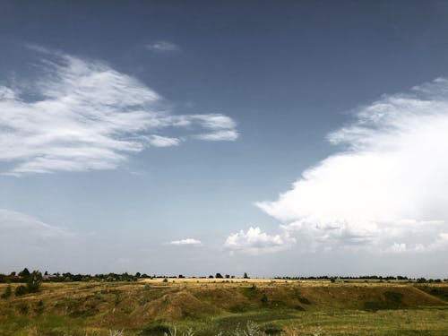 Green Grass Field Under White Clouds and Blue Sky