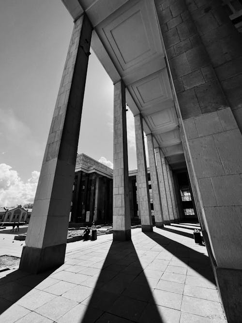 Grayscale Photo of a Concrete Building with Columns