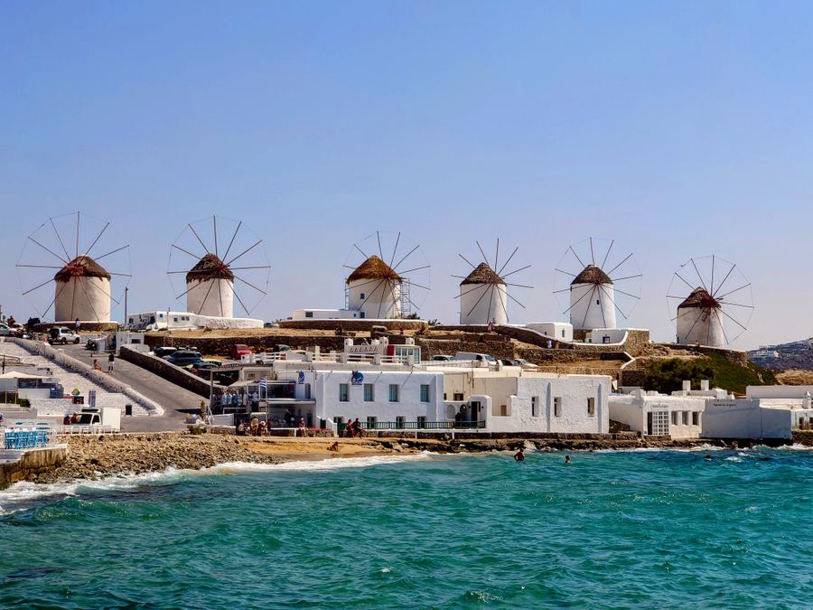 The whitewashed windmills above Mykonos town