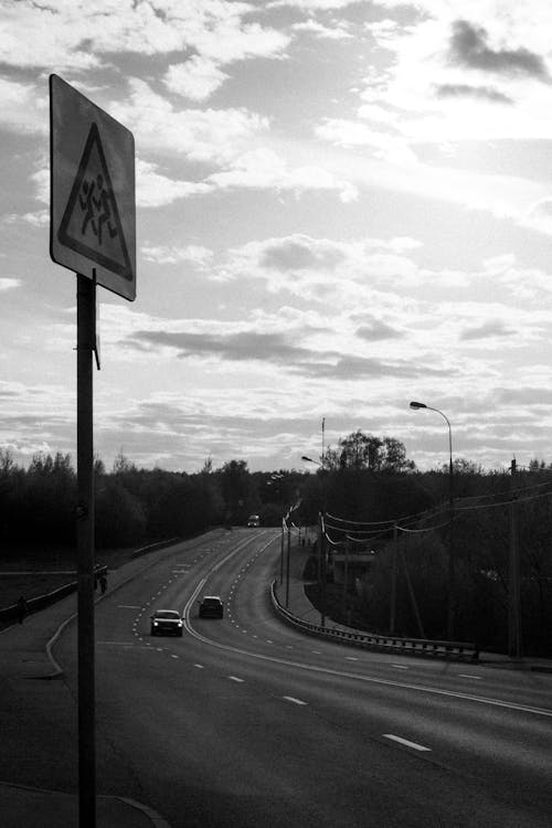 Grayscale Photo of a  Street Sign by the Road