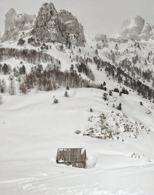 Wooden Hut in Snowy Mountains 