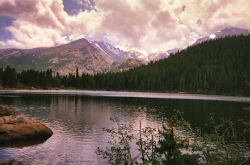 Green Trees Near Lake and Mountains Under White Clouds 