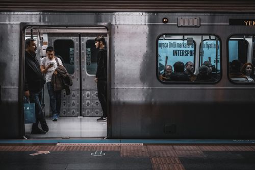 Free A bustling scene inside an Istanbul metro train with commuters during the day. Stock Photo