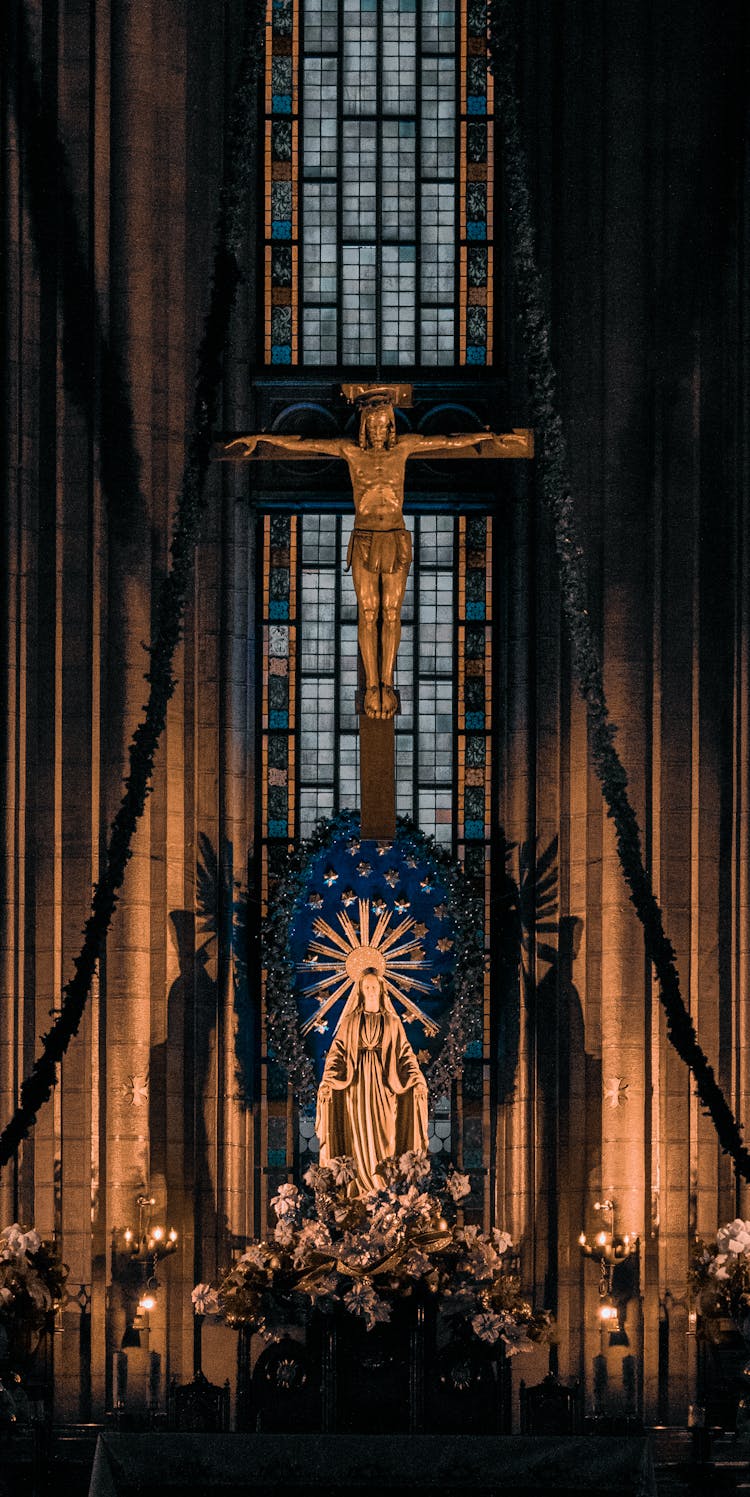 Church Altar With Statue Of Jesus And Virgin Mary