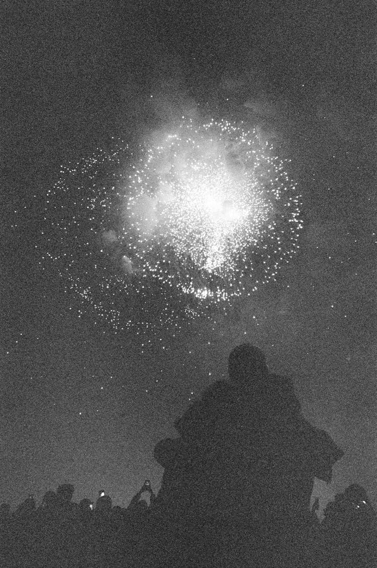 Grayscale Photo Of Couple Watching Fireworks