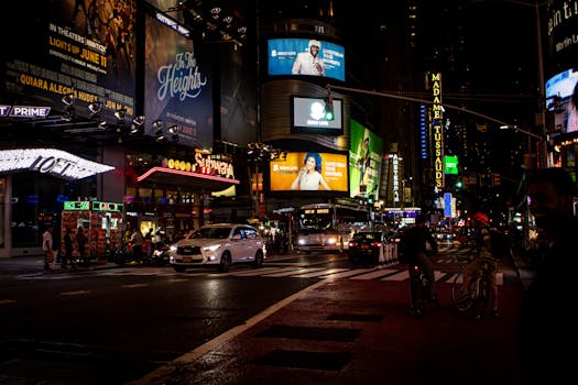 Lively night scene in Times Square, New York City, featuring bustling streets and iconic billboards.