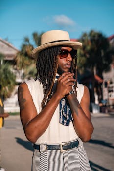 A fashionable man with tattoos and dreadlocks in St. Augustine, Florida, wearing sunglasses and a hat.