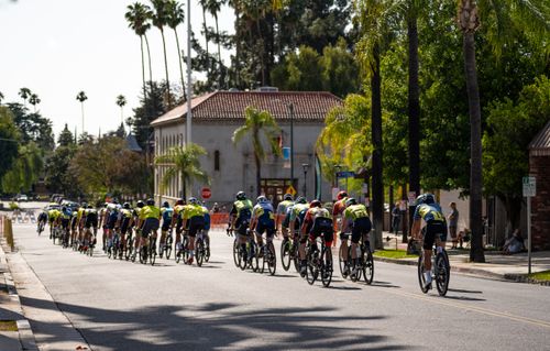 Free Cyclists racing through sunny Redlands, CA streets under palm trees, showcasing city architecture. Stock Photo