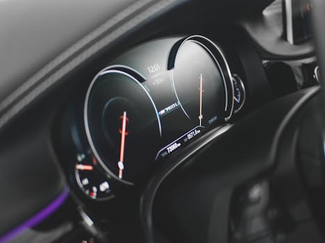 Close-up view of a sleek digital car dashboard featuring a modern speedometer and tachometer.