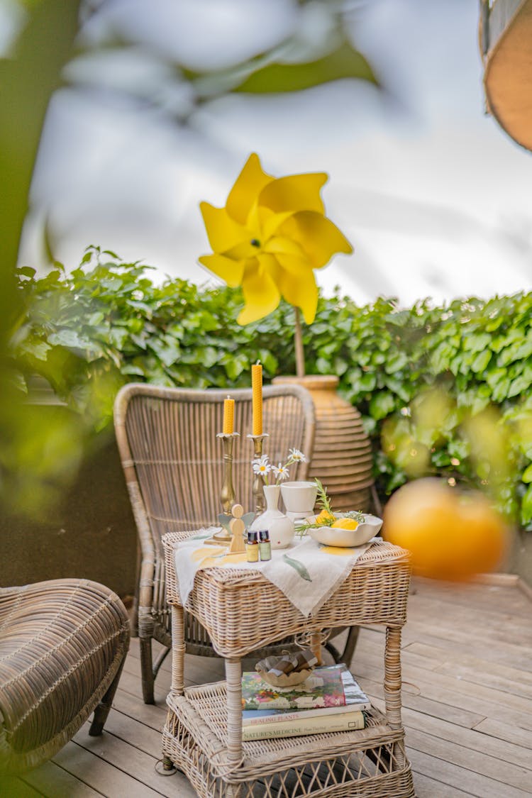 Wicker Chair And Table Set On Outdoor Patio