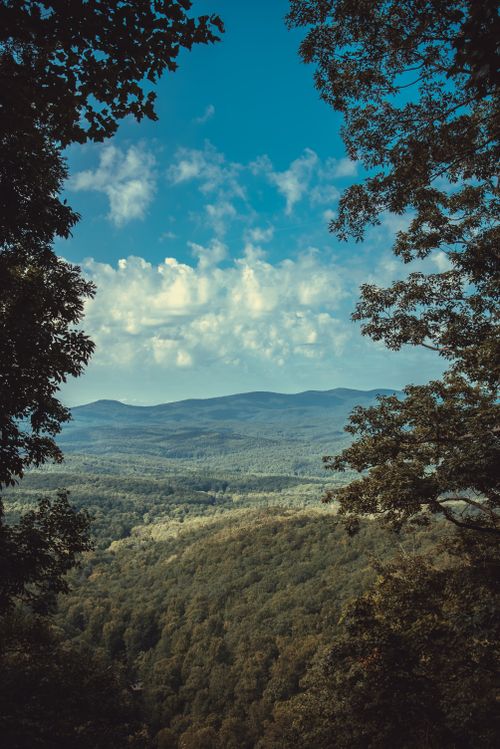 Free Picturesque mountain landscape surrounded by lush trees under a bright blue sky. Stock Photo