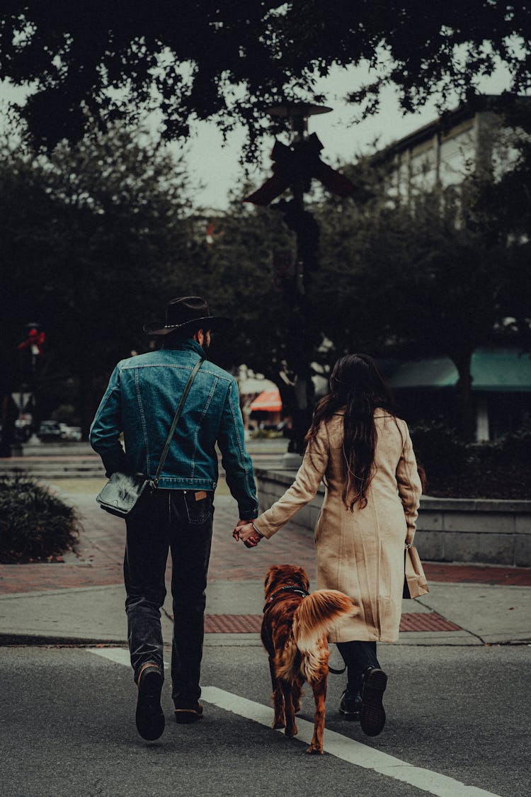 Woman And Man Walking With Dog