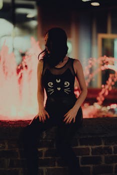 A woman in a quirky cat-themed outfit poses by a colorful night fountain.