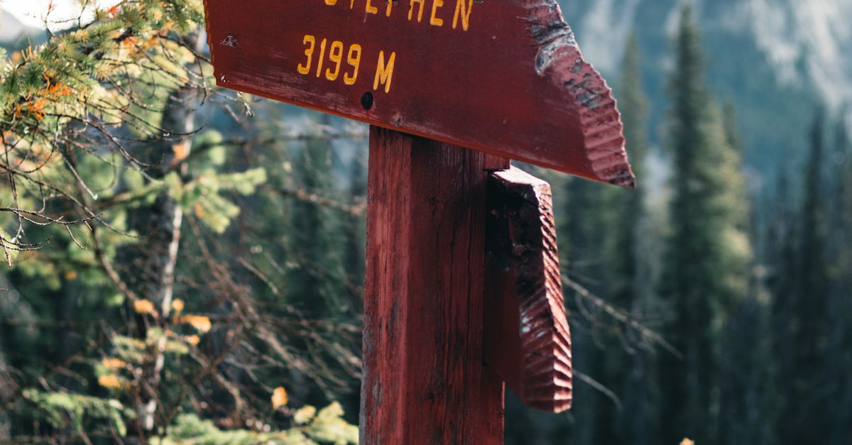Red Wooden Signpost Pointing to Mount Stephen in Yoho National Park ...