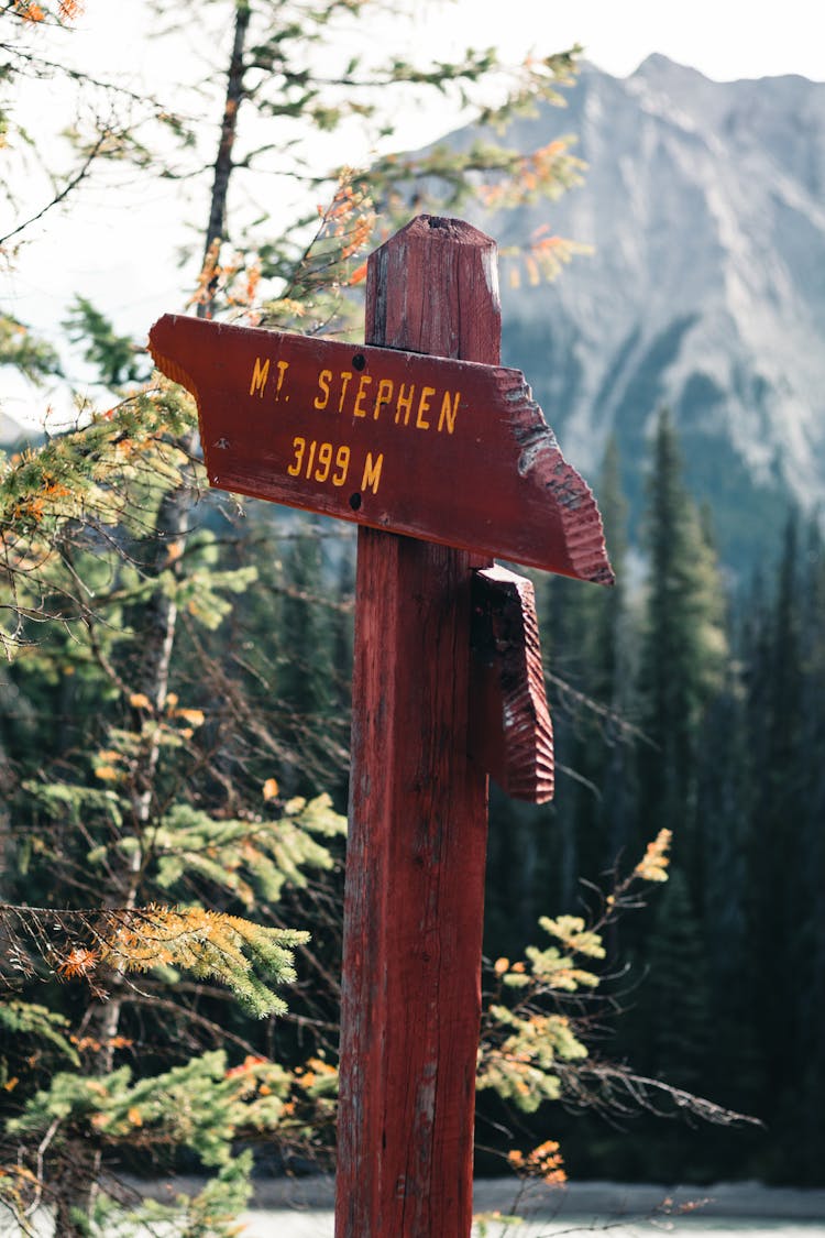 Red Wooden Signpost Pointing To Mount Stephen In Yoho National Park