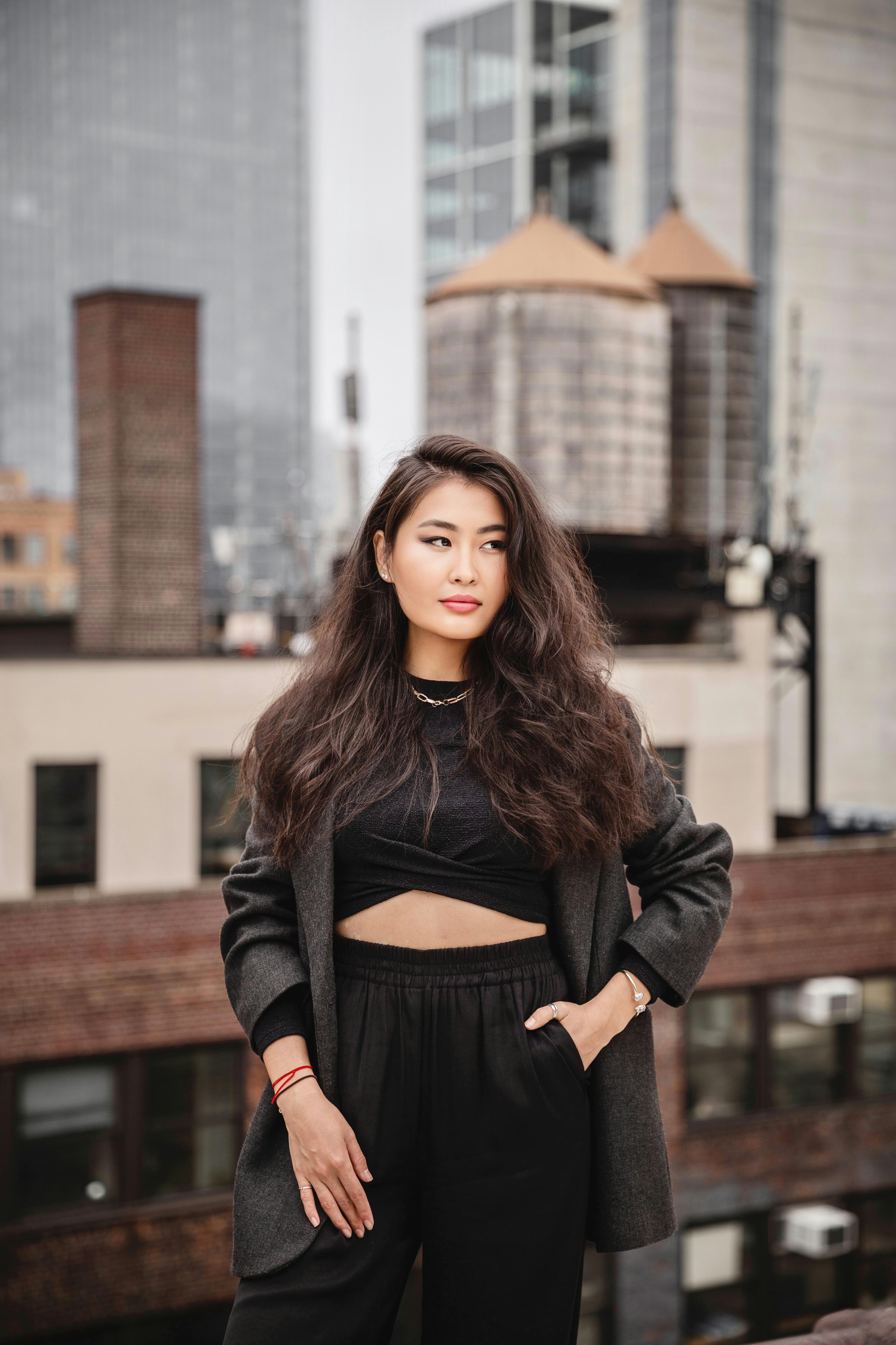 foggy morning girl portrait in manhattan new york city on the rooftop