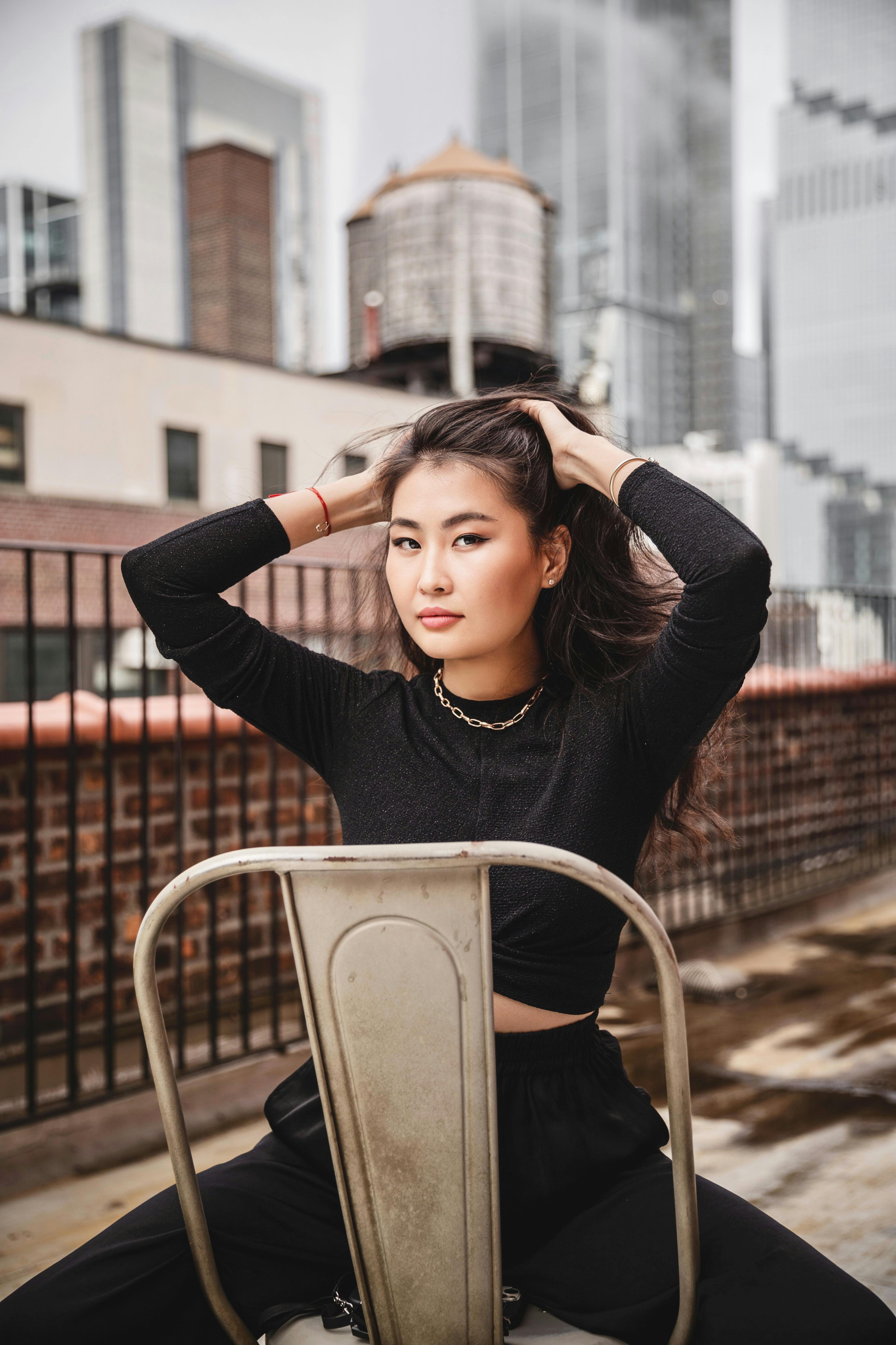 foggy morning girl portrait in manhattan new york city on the rooftop