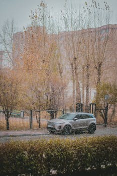 A sleek SUV parked on a rainy street in Ulaanbaatar, Mongolia surrounded by autumn trees.