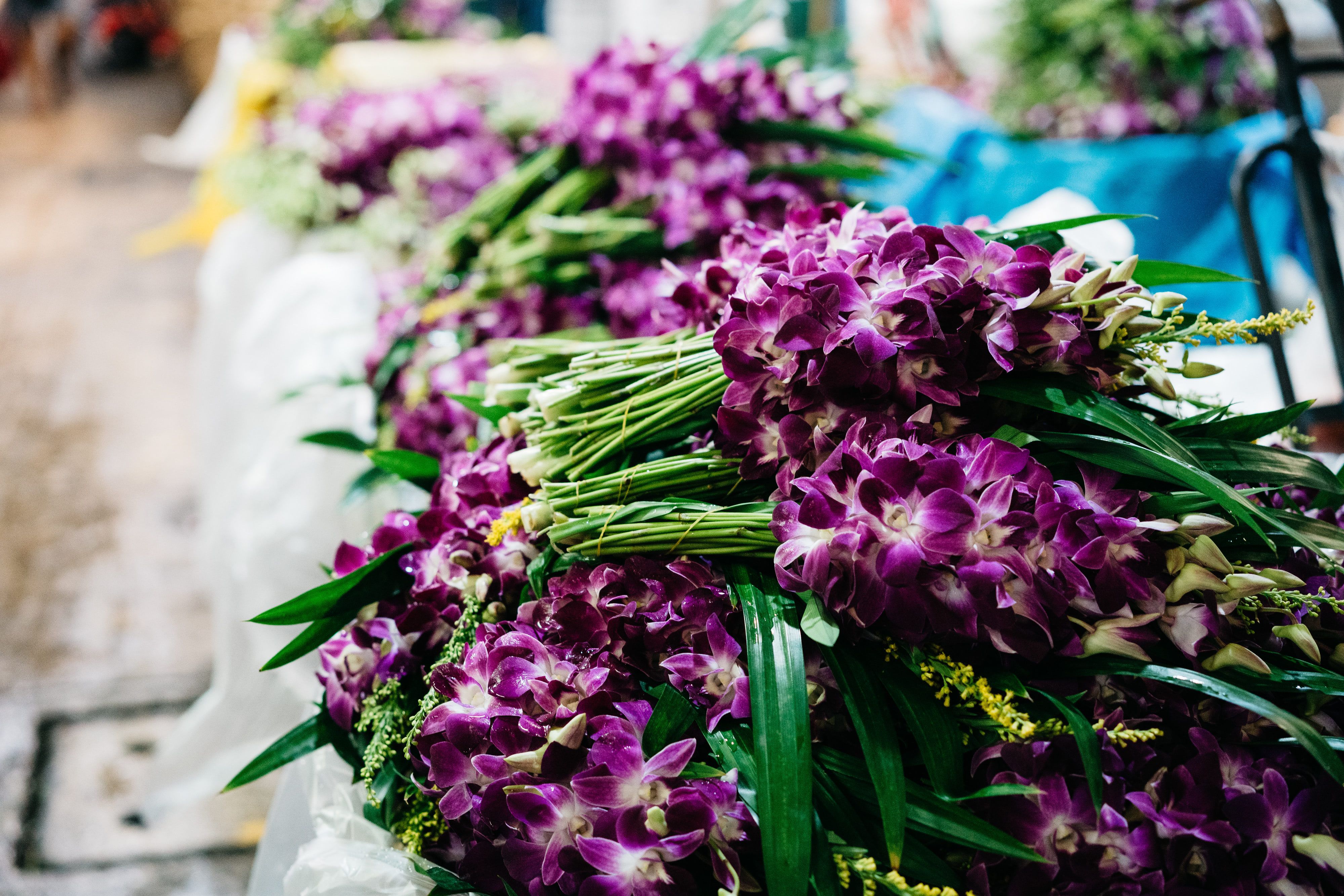 Bundles of fresh seasonal flower stems at the market