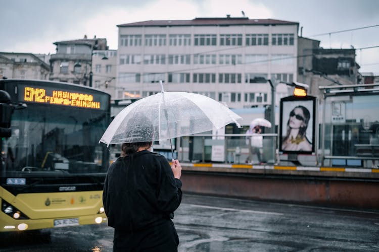 Woman On Bus Stop In Istanbul