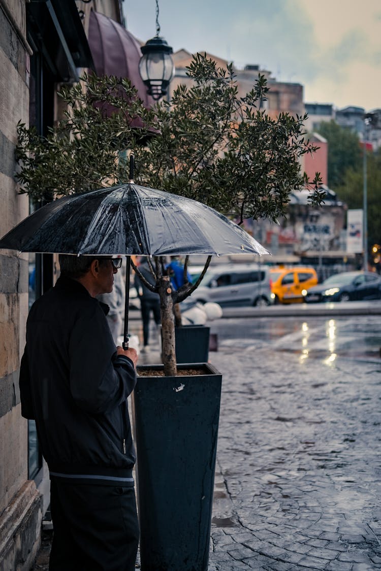 Man With Umbrella In Rain On Street