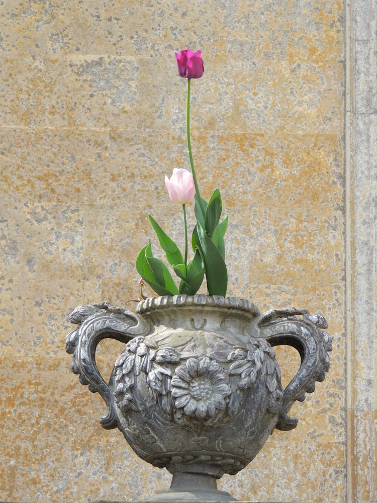 Gray Ceramic Vase With Pink Flowers