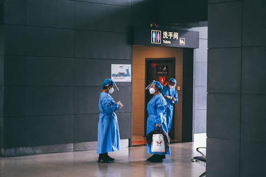 Medical professionals in protective gear near restroom in Shanghai building.