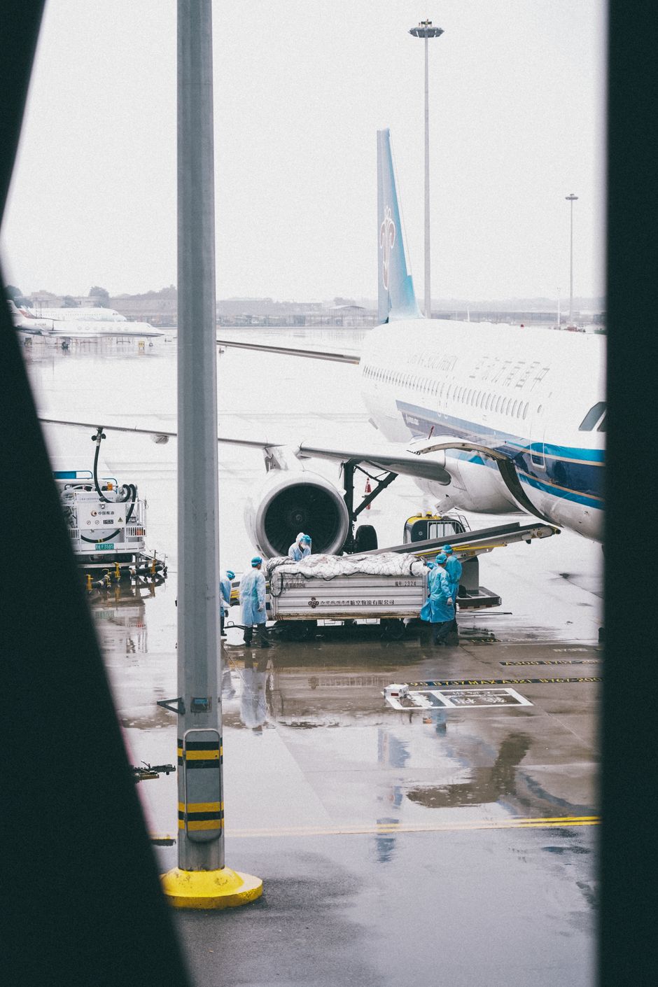 Airport workers handling cargo beside an aircraft.