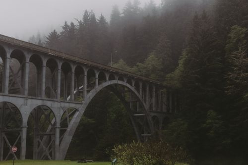 Free A captivating view of Cape Creek Bridge surrounded by misty forests in Florence, Oregon. Stock Photo