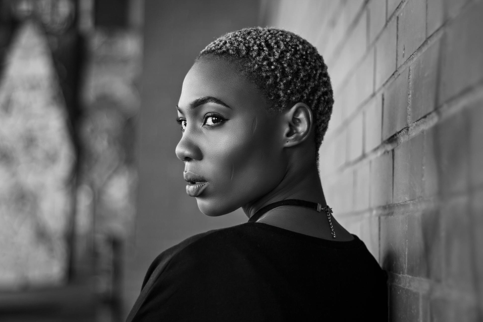 Beautiful African American Woman with Short Curly Fair Hair