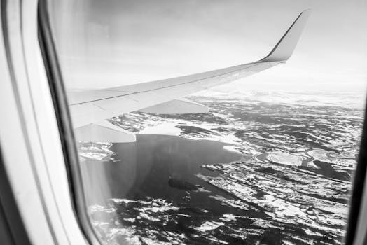 View from airplane window showing wing over a snowy landscape, captured in grayscale.