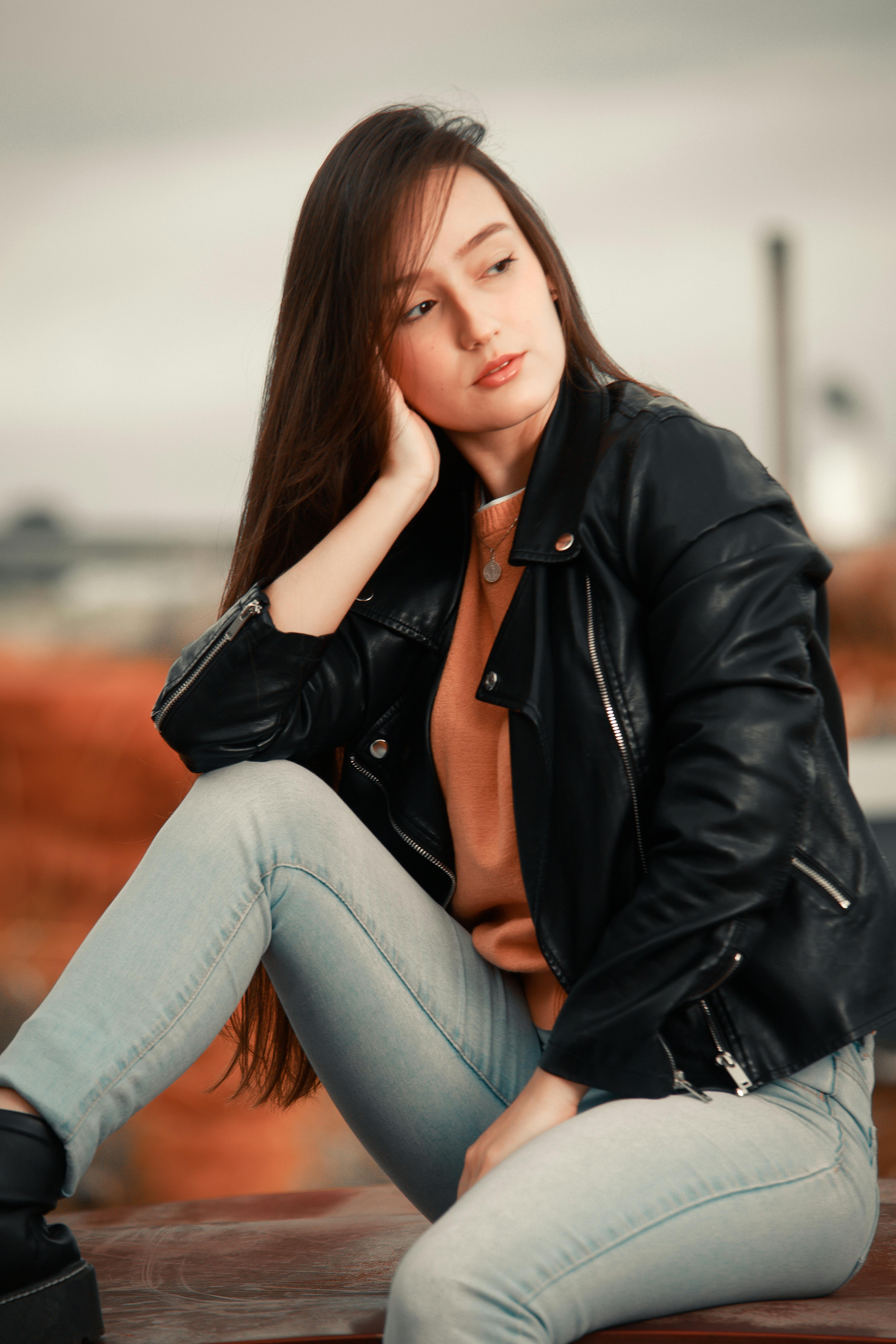 Girl wearing hot sale leather jacket