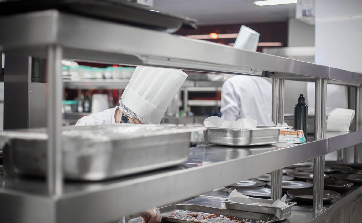 Stainless steel kitchen during service