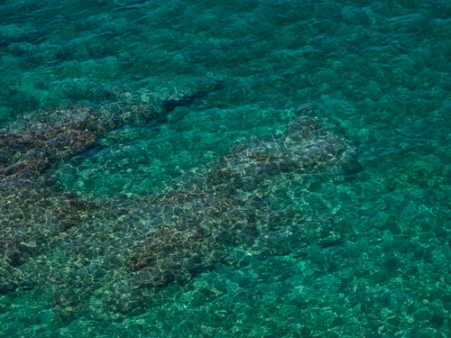 Free Top view of a clear, rocky seabed with turquoise water showcasing natural beauty. Stock Photo