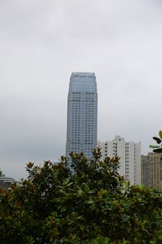View of a modern skyscraper rising behind lush green trees, set against a cloudy sky.
