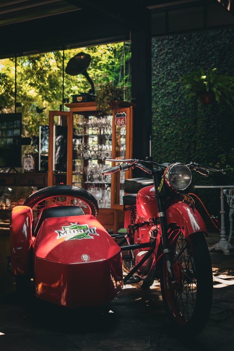 Red Motorcycle And Sidecar In Close-up Photography