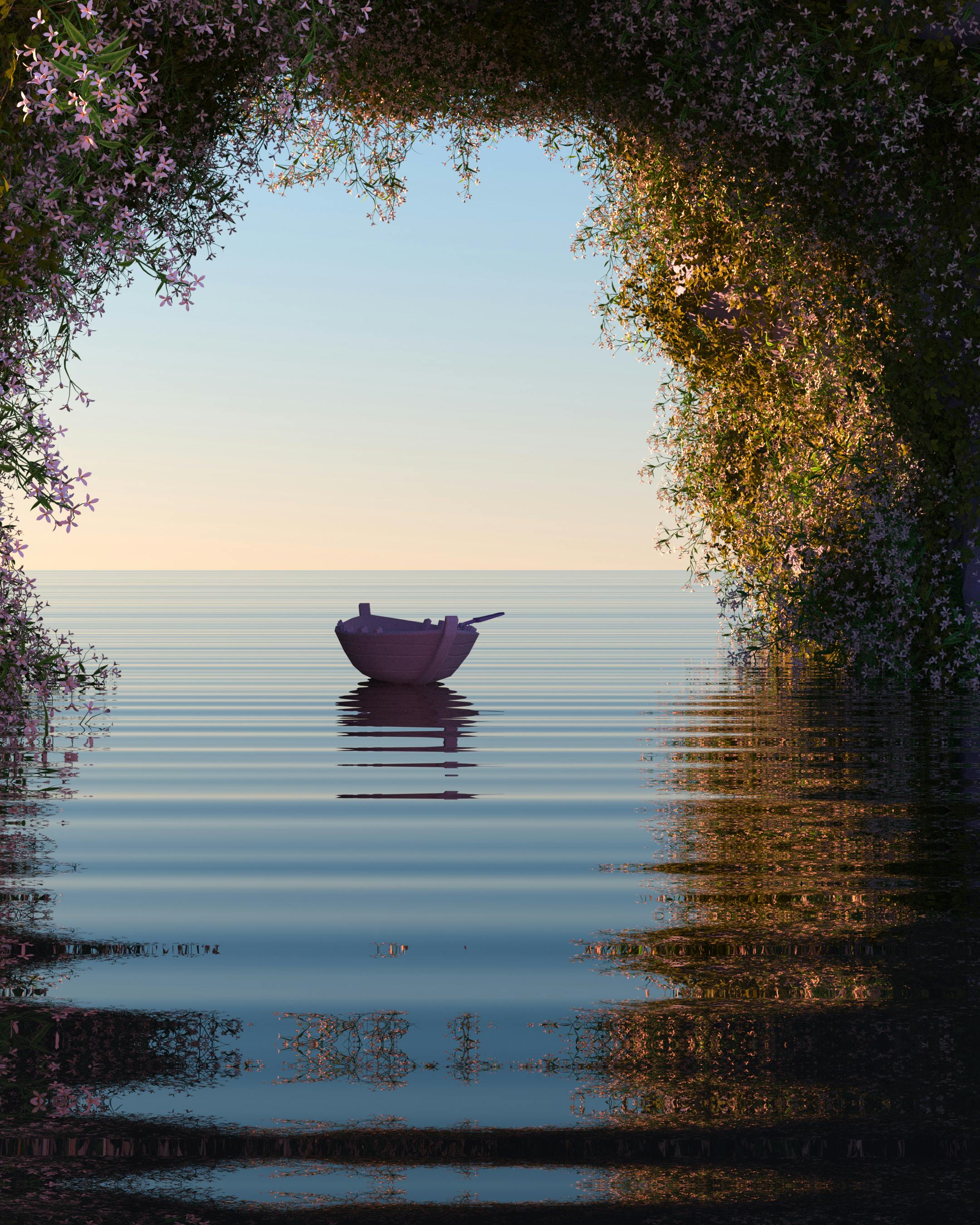 A peaceful boat floats on calm water surrounded by lush foliage at sunset, creating a serene atmosphere.