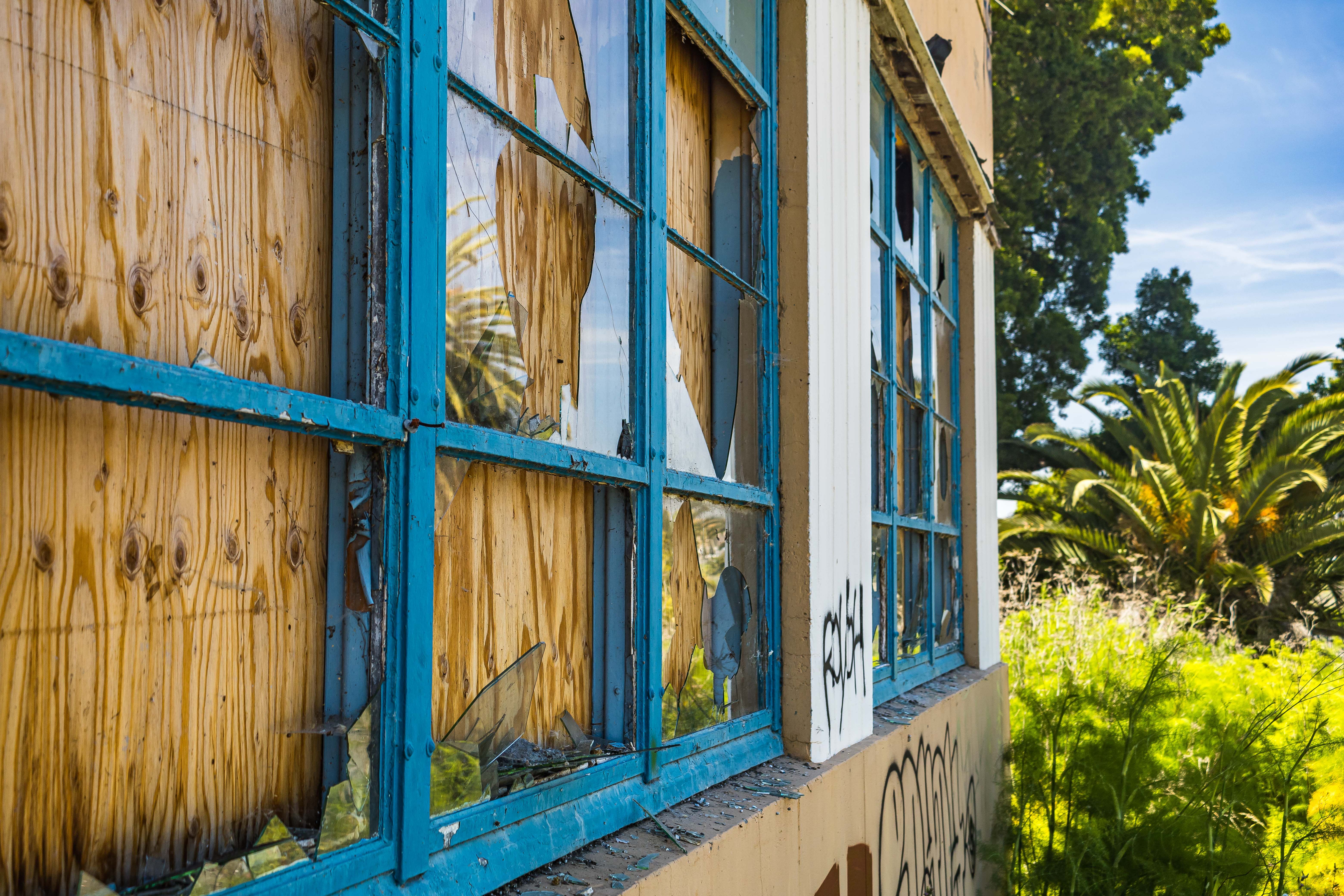 An abandoned building with broken windows and graffiti, surrounded by lush greenery.