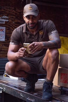 A UPS deliveryman with tattoos checks his smartphone while on a delivery in New York City.
