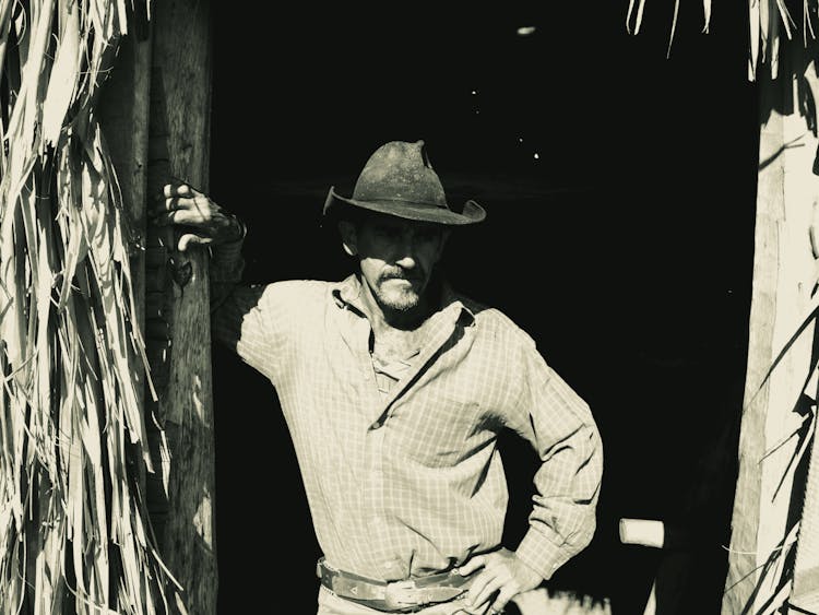 Man In Cowboy Hat And Plaid Long Sleeve Shirt